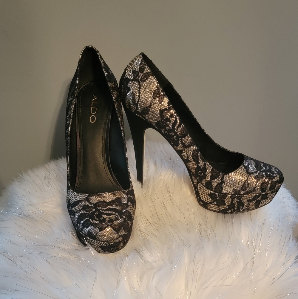 Aldo Black and Silver Lace Shoes